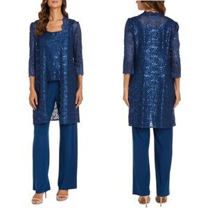 R&M Richards Metallic Lace Tank Top and Pant Set with Sheer Lace Jacket Blue 16